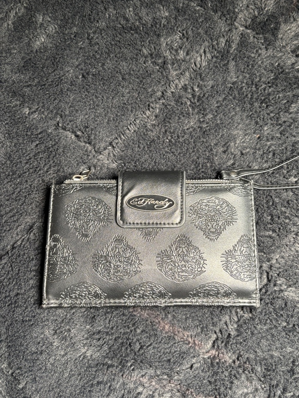 Ed Hardy Black Embossed Wristlet with Logo Strap